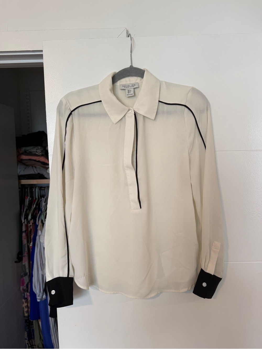 Rachel Zoe Cream Long Sleeve Shirt with Black Trim